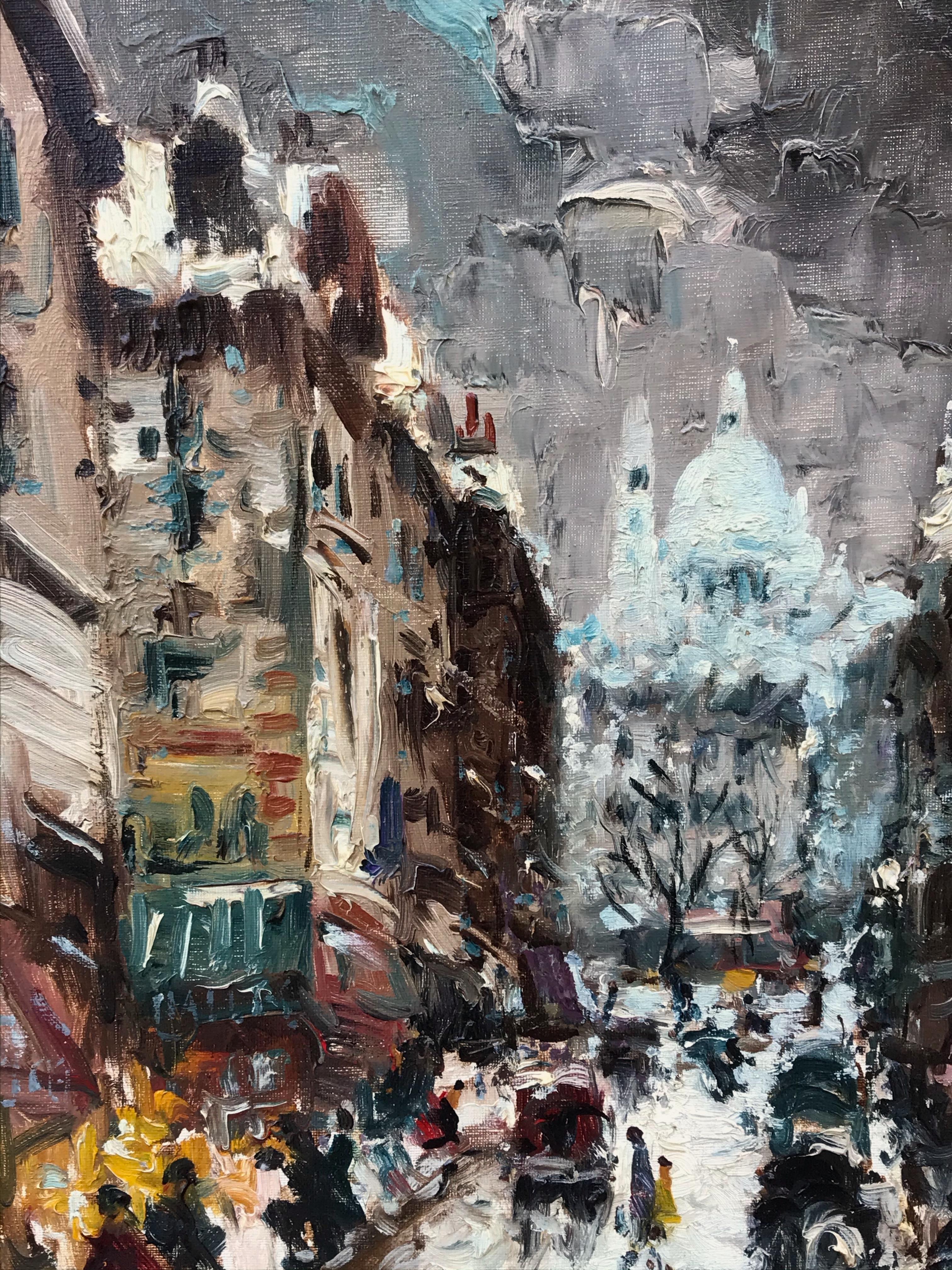 Postimpressionist Painting - Paris, Montmartre in Winter - Brown Landscape Painting by Merio Ameglio