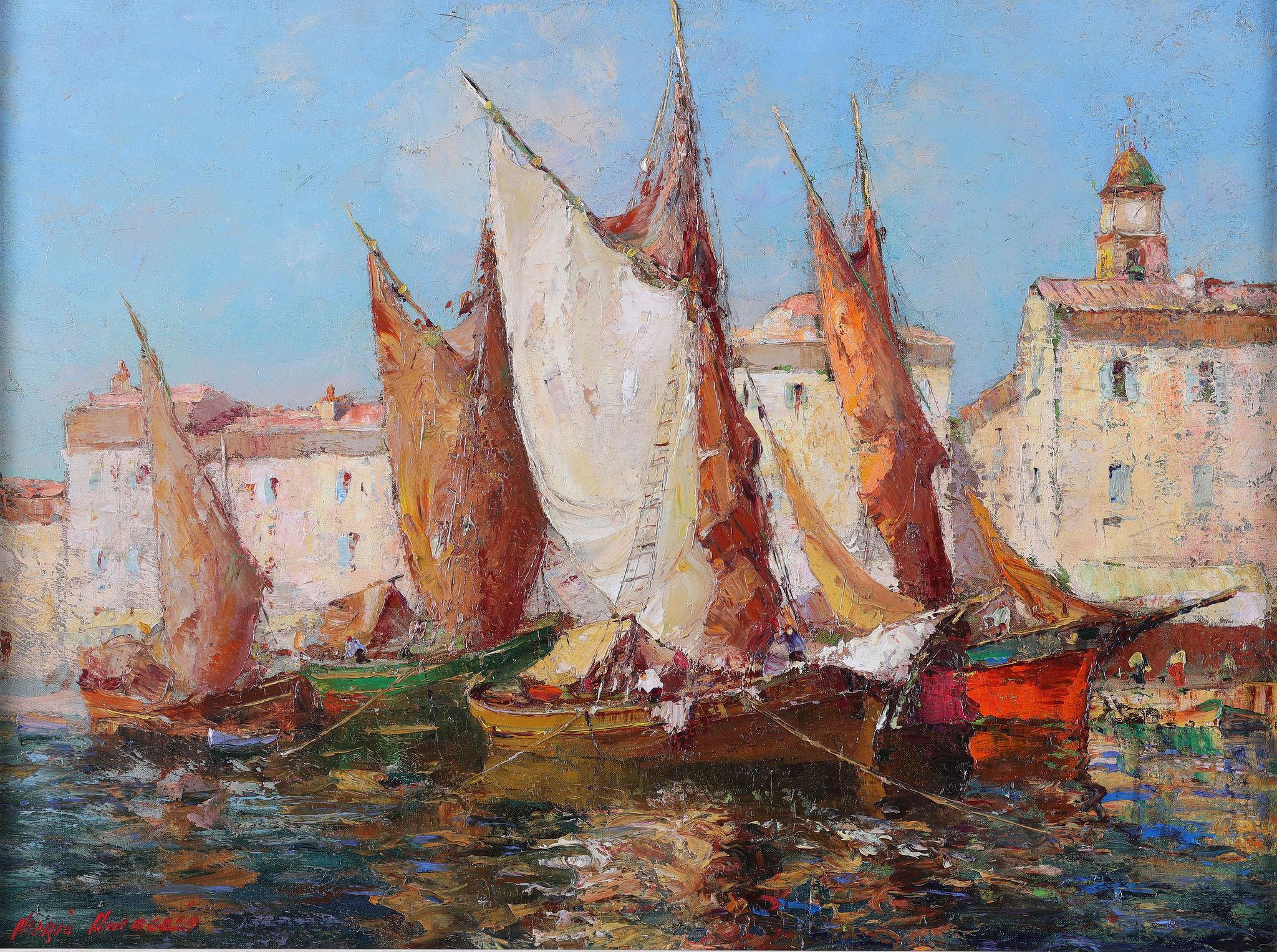 « Voiliers qui entrent dans le port ». Une peinture à l'huile sur toile - Impressionnisme Painting par Merio Ameglio