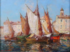 'Sailing Boats coming into Harbour' . An oil painting on canvas