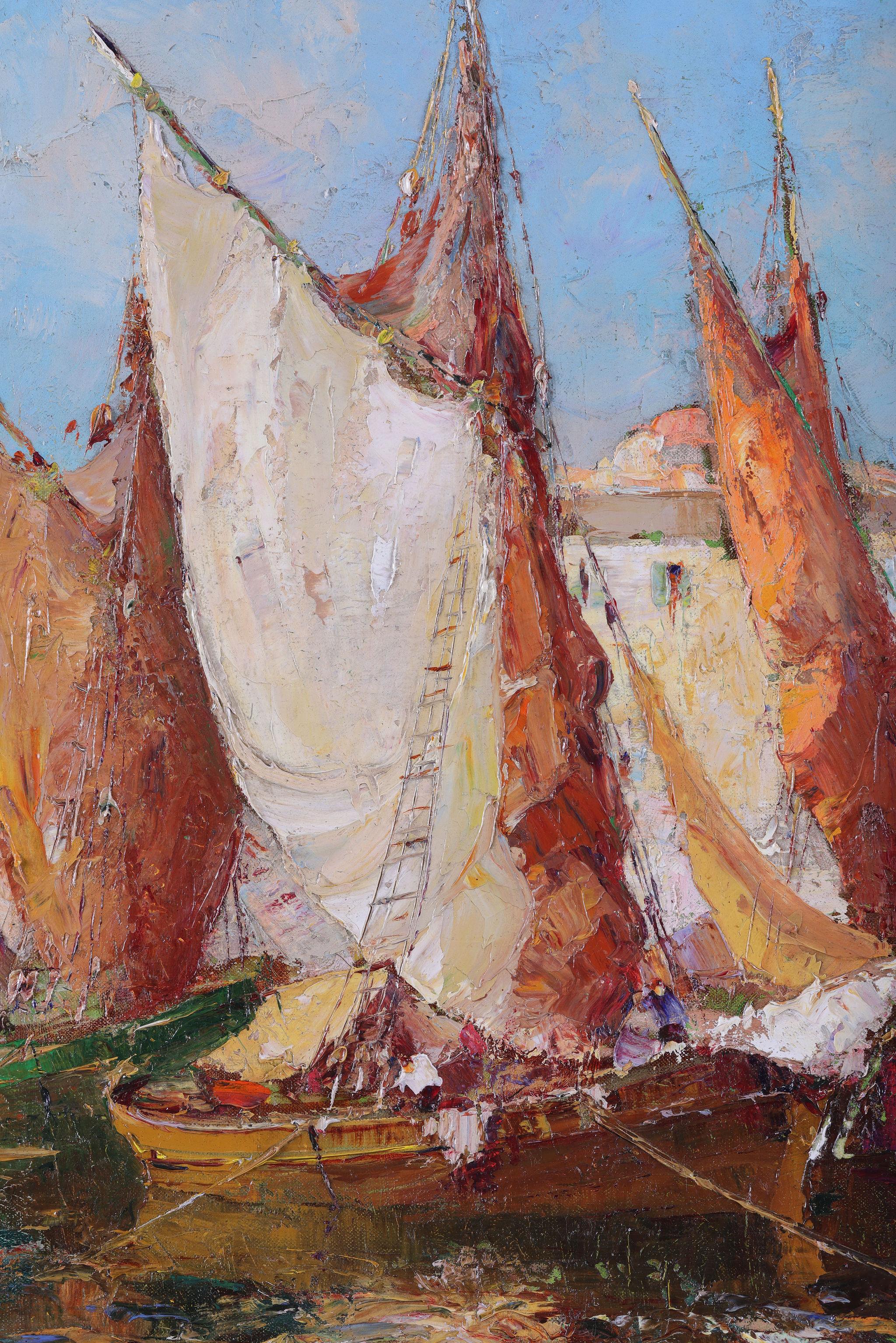 'Sailing Boats coming into Harbour' . An oil painting on canvas For Sale 1
