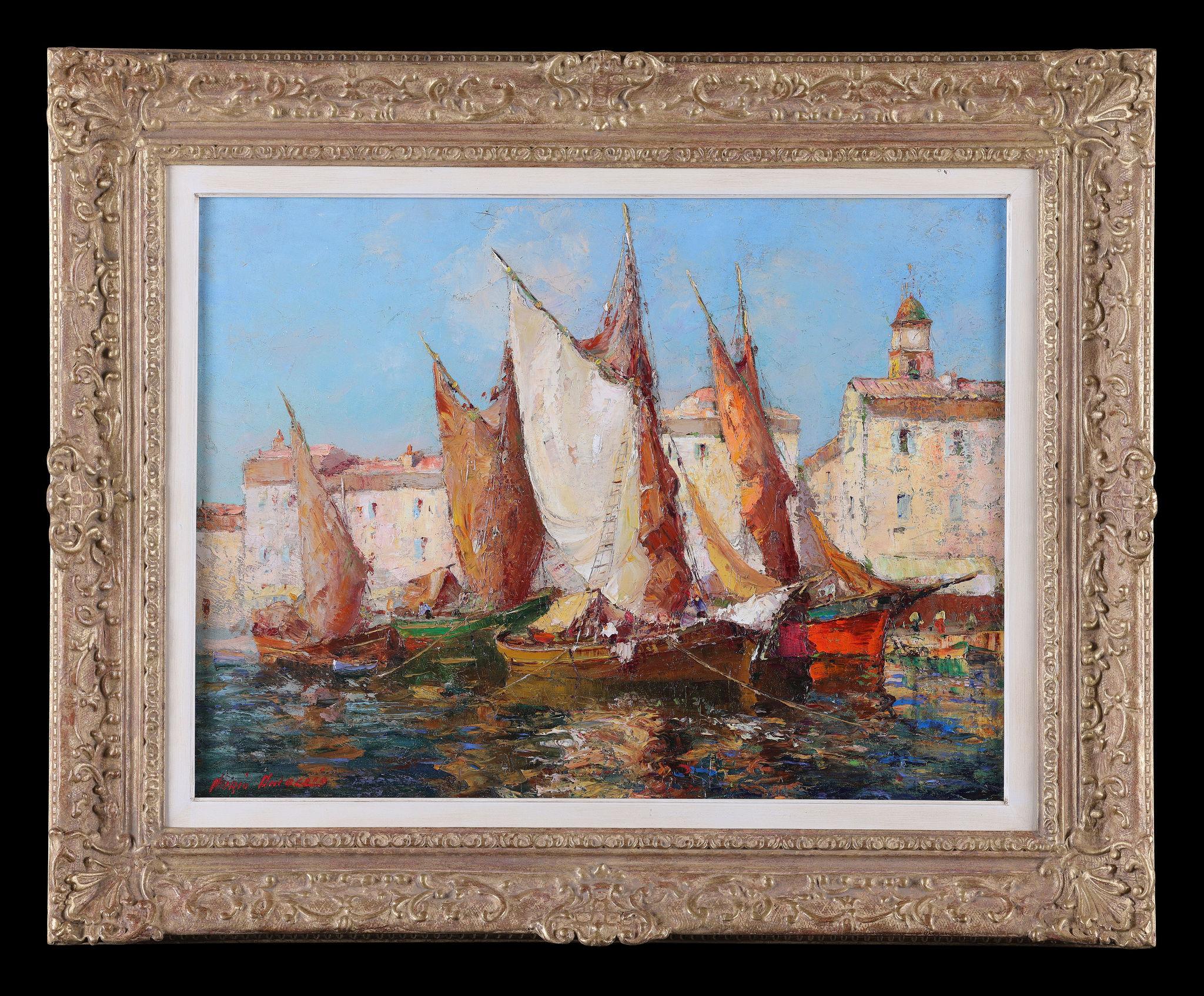 'Sailing Boats coming into Harbour' . An oil painting on canvas - Painting by Merio Ameglio