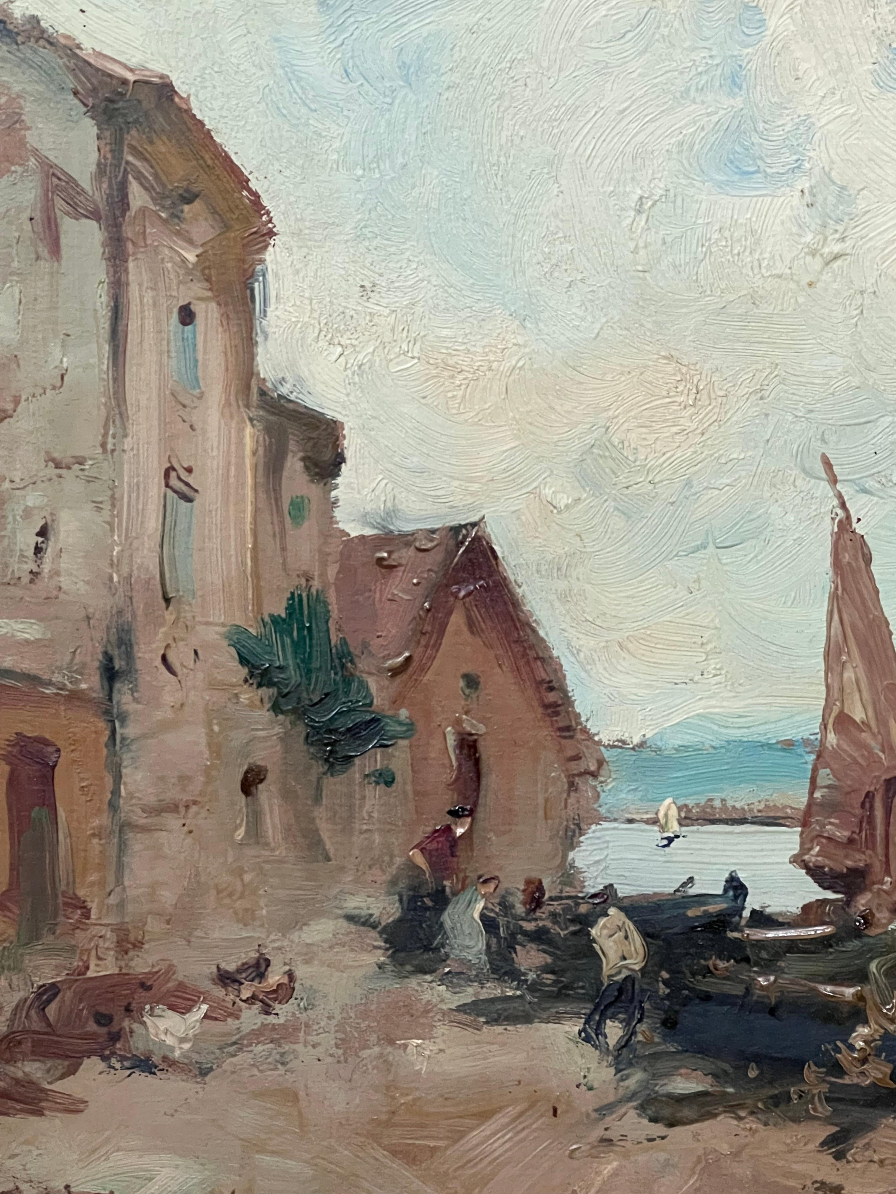 Dipinto a olio d'epoca impressionista firmato Martiques Harbor Sud della Francia - Painting di Merio Ameglio