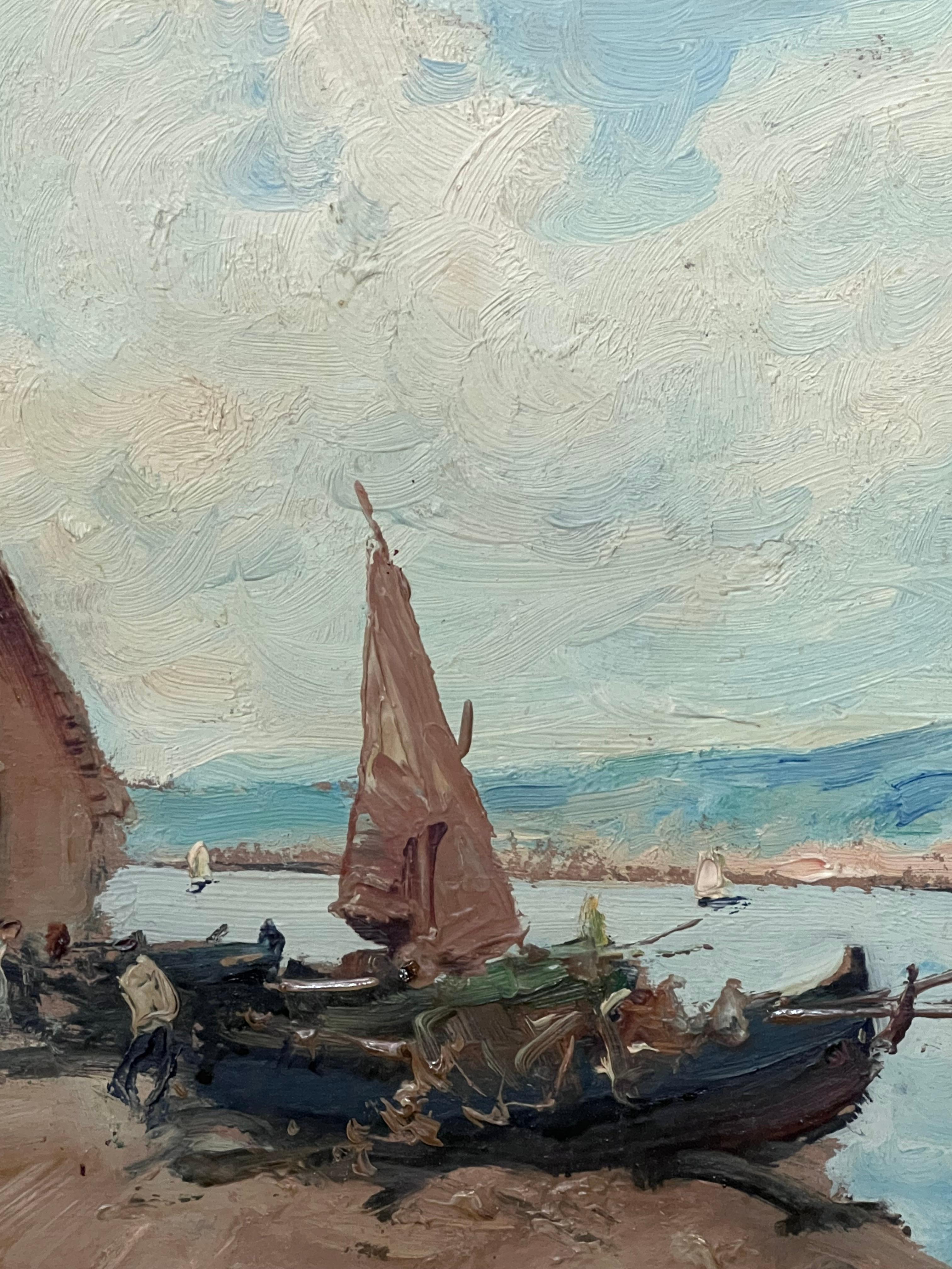 Dipinto a olio d'epoca impressionista firmato Martiques Harbor Sud della Francia - Painting Postimpressionismo di Merio Ameglio
