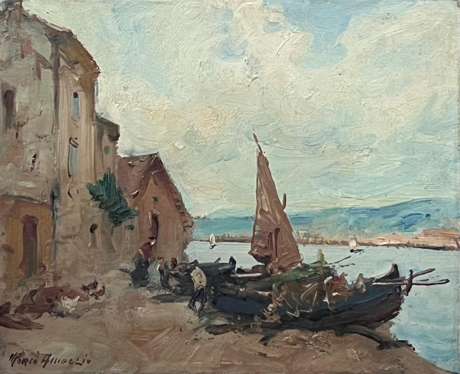 Dipinto a olio d'epoca impressionista firmato Martiques Harbor Sud della Francia - Landscape Painting Grigio di Merio Ameglio