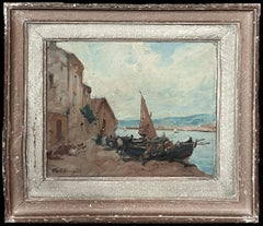 Pintura al óleo vintage impresionista firmada Martiques Harbor South of France