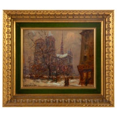 Retro Mério Ameglio Oil on Canvas Notre-Dame de Paris under the Snow, circa 1950