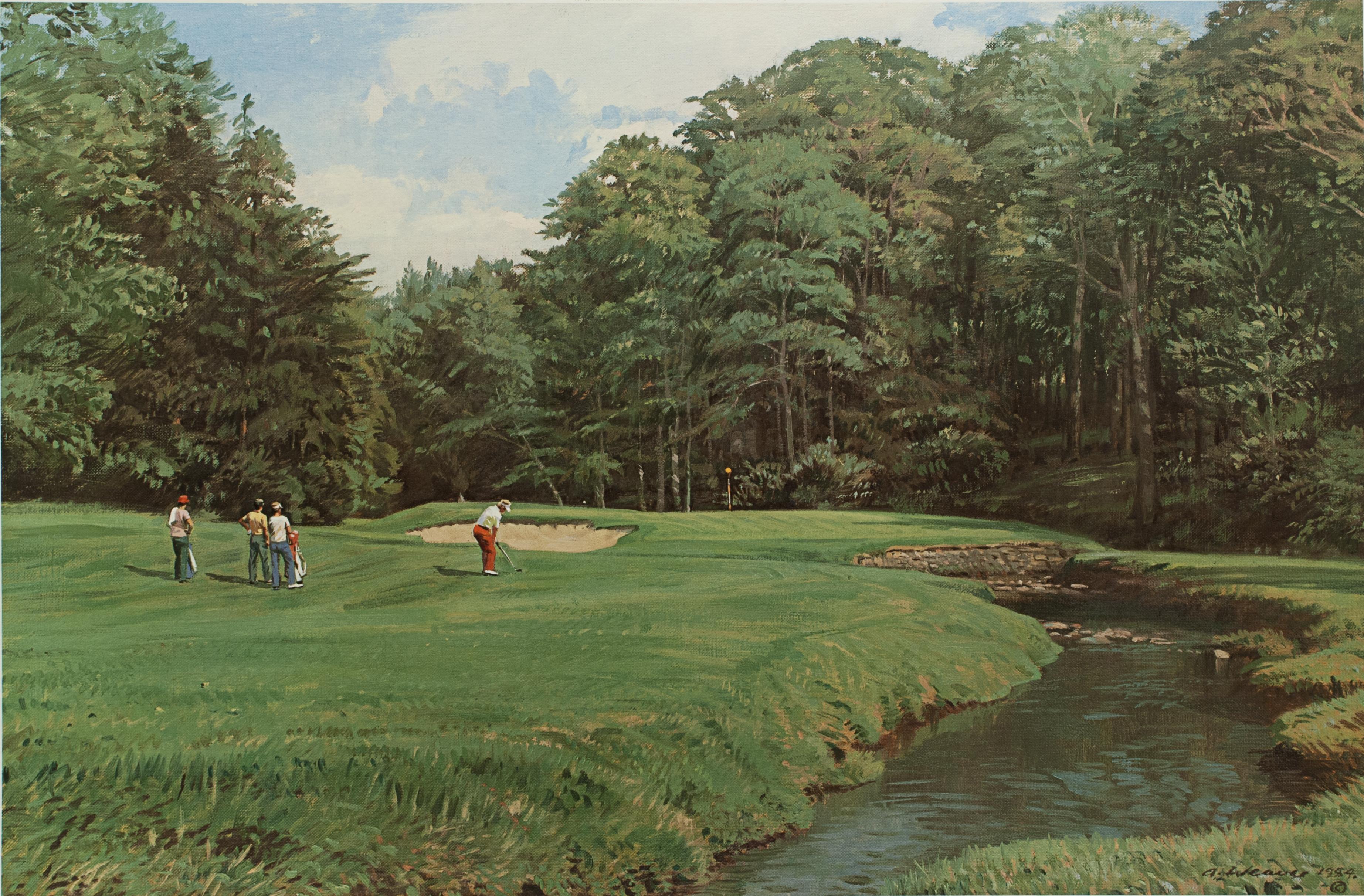 Arthur Weaver golf print, Merion golf club.
A good large golfing photolithograph taken from the original painting by Arthur Weaver, the approach to the 11th green, Merion GC (East). Published 1986 by Sportsman's edge, Ltd. Signed in pencil by the