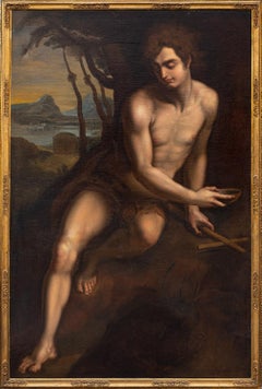 Enorme dipinto ad olio del 1600 di un vecchio maestro italiano, St. Johns, paesaggio