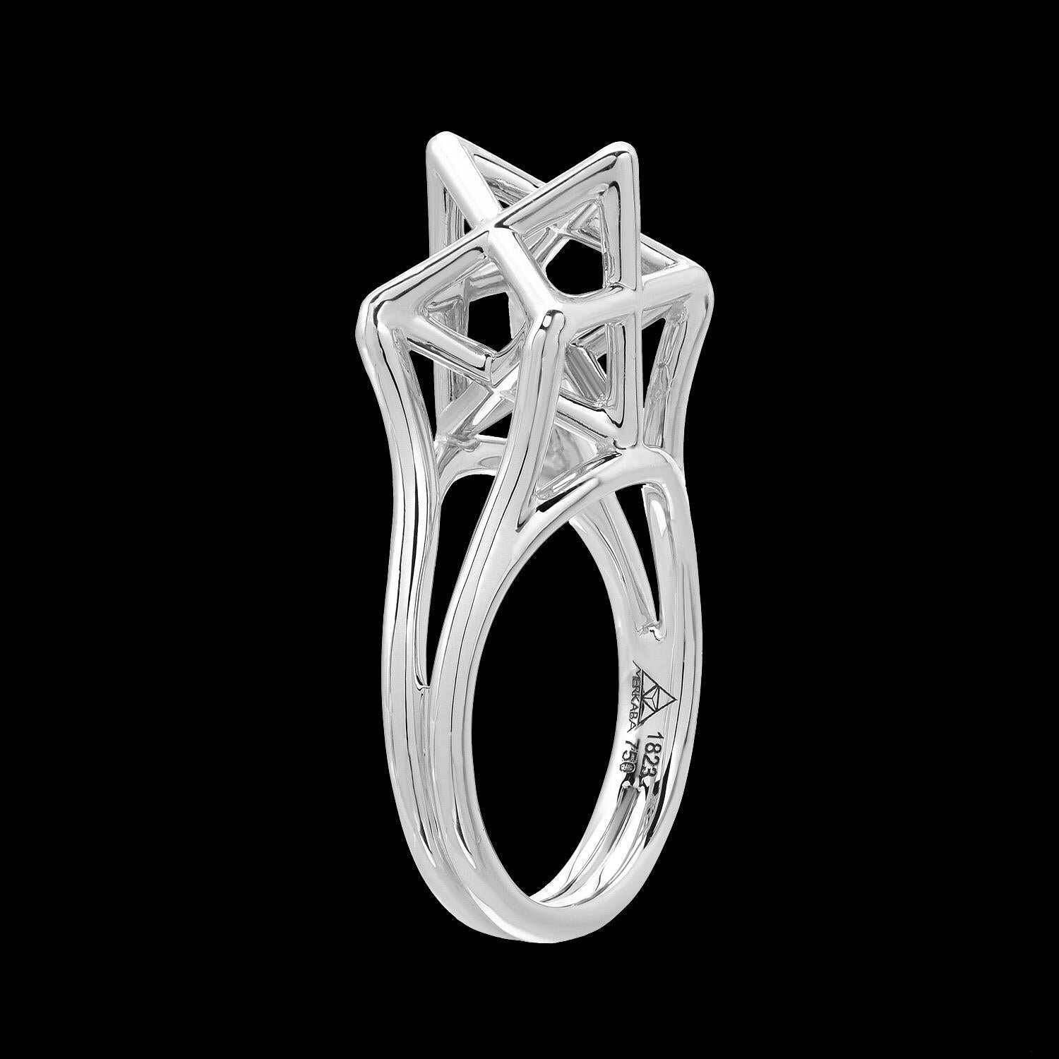 Platinum Ring - Merkaba star tetrahedron platinum ring, featuring a dramatic, sculptural design, extending upward from the hand 0.43”, a stunning three dimensional symbol of universal light. 
Size 6. Resizing is complimentary upon request.
Crafted