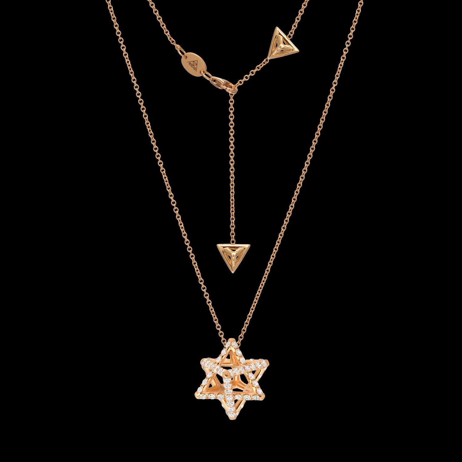 Merkaba Star, 18K rose gold pendant necklace, featuring a total of approximately 1.12 carats round brilliant collection diamonds. This heirloom-quality, sacred geometric jewelry piece suspends elegantly at the chest, measuring 0.68 inches, a