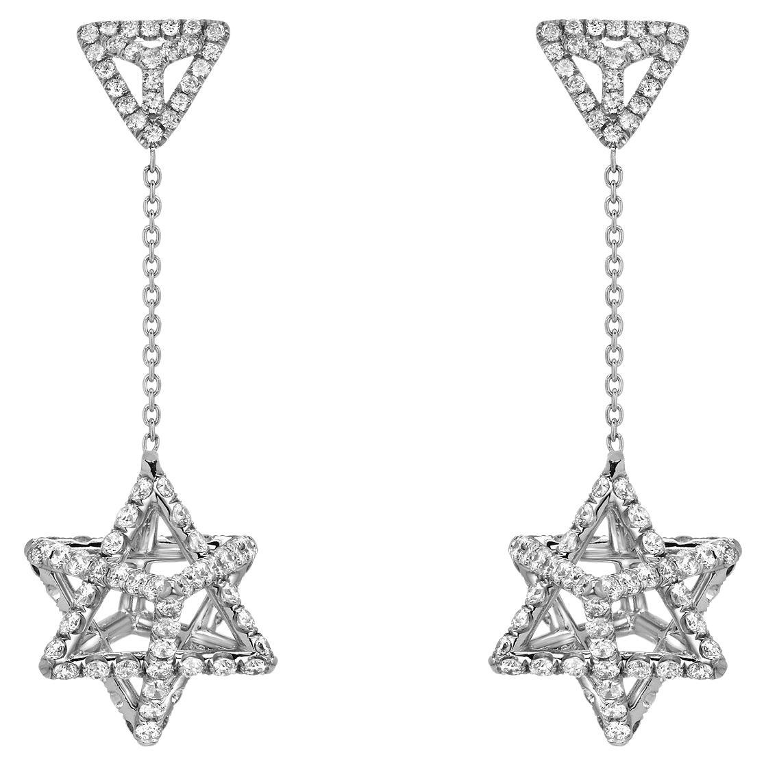 Merkaba - Orecchini a goccia di diamanti in platino con design 3D a stella di David - I. Hill
