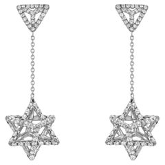 Merkaba - Star of David 3D Design Diamond Platinum Drop Earrings - Art Deco