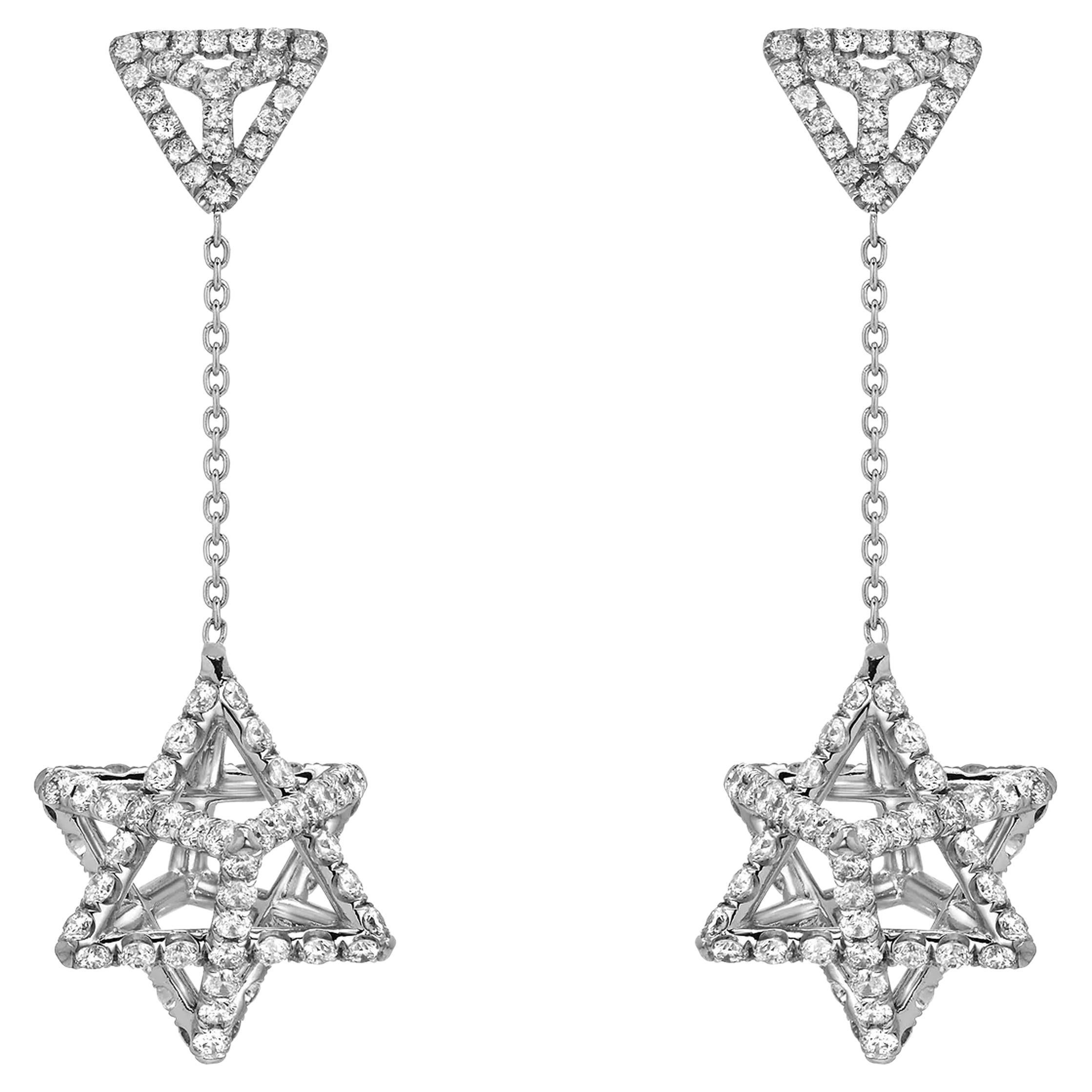 Merkaba - Pendientes de gota de platino con diamantes y diseño 3D Estrella de David - Beverly Hills