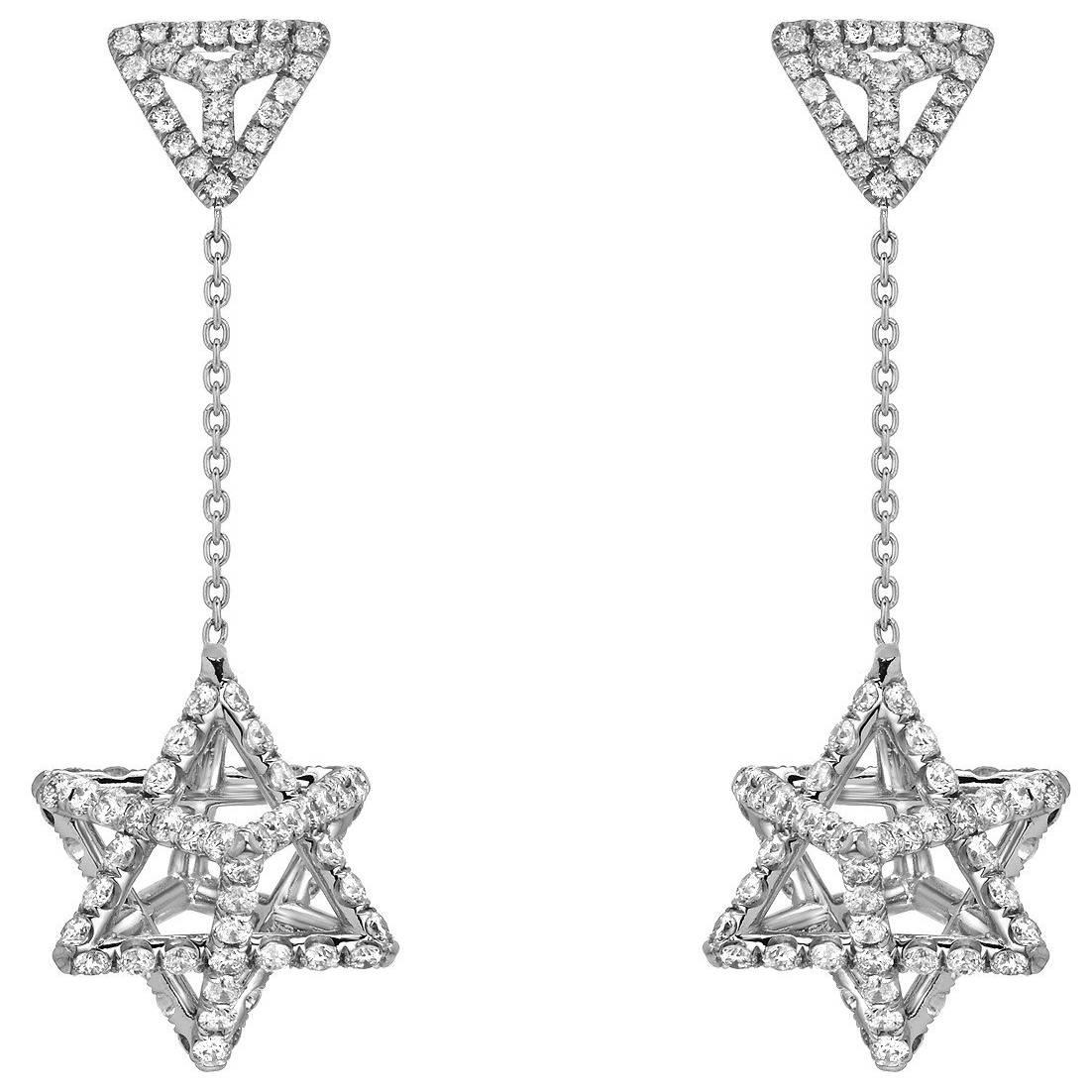 Merkaba - Star of David 3D Design Diamond Platinum Drop Earrings - Art Deco