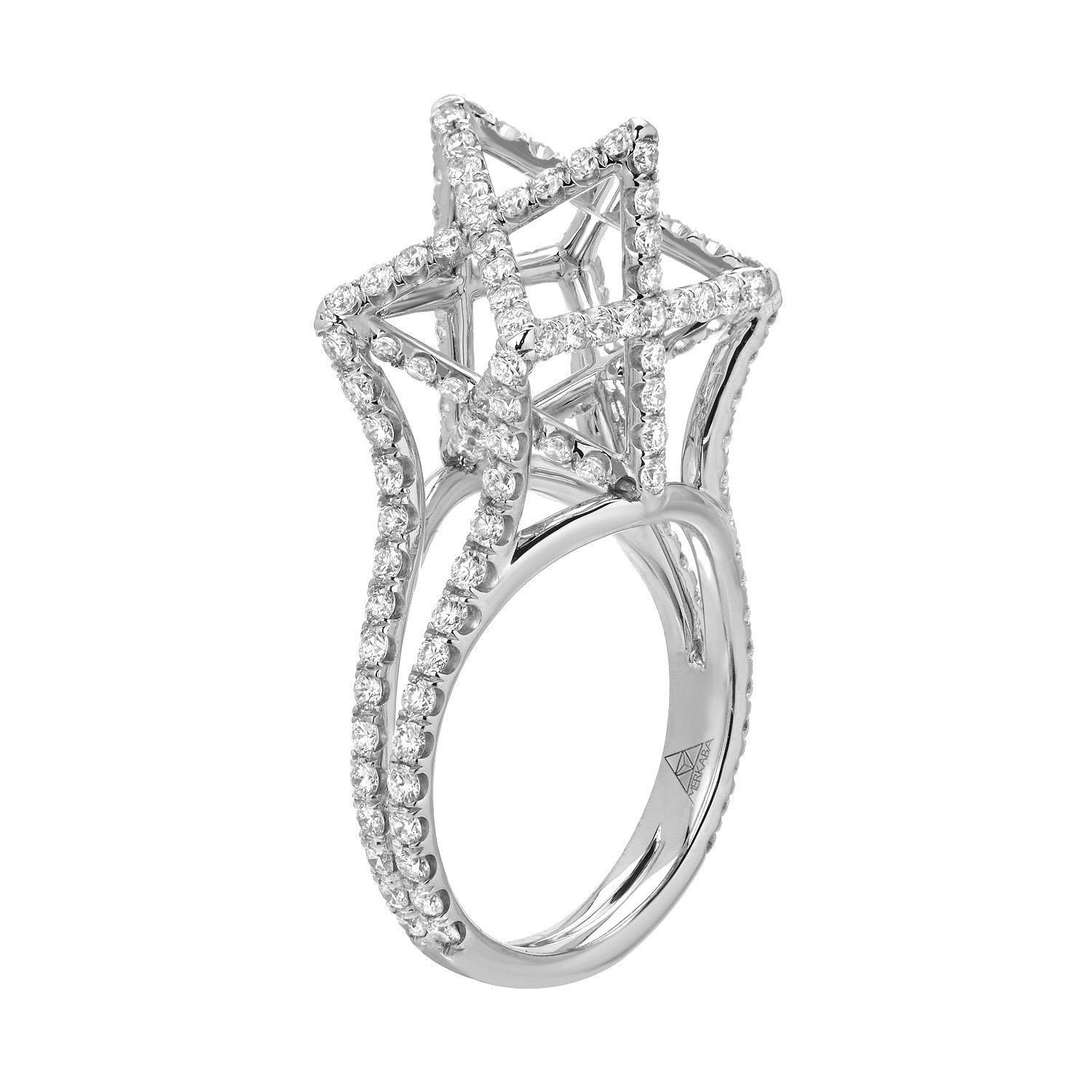 Architectural Merkaba Star platinum diamond ring, featuring a total of approximately 2.02 carats of round brilliant diamonds, F-G color and VVS2-VS1 clarity. This dramatic ring design, extends upward from the hand, 0.53 inches, a stunning