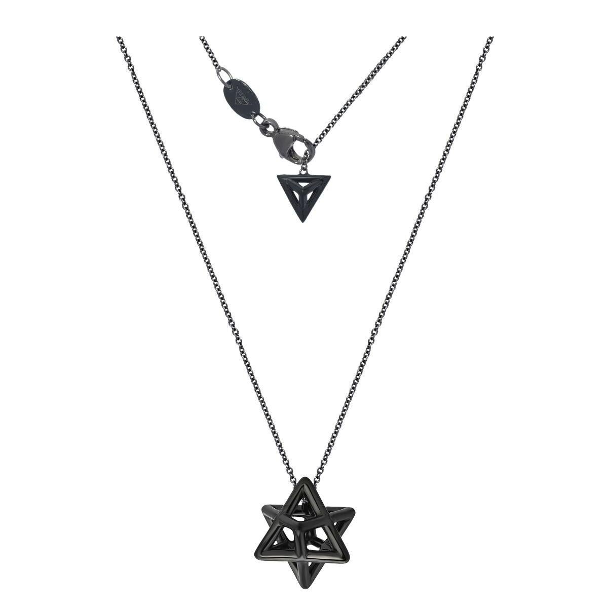 Merkaba black-finished, unisex, sterling silver necklace, is a heirloom-quality, sacred geometric jewelry piece, highlighting superb attention to detail and extraordinary polish, symmetry and equilibrium. It suspends elegantly at the chest,