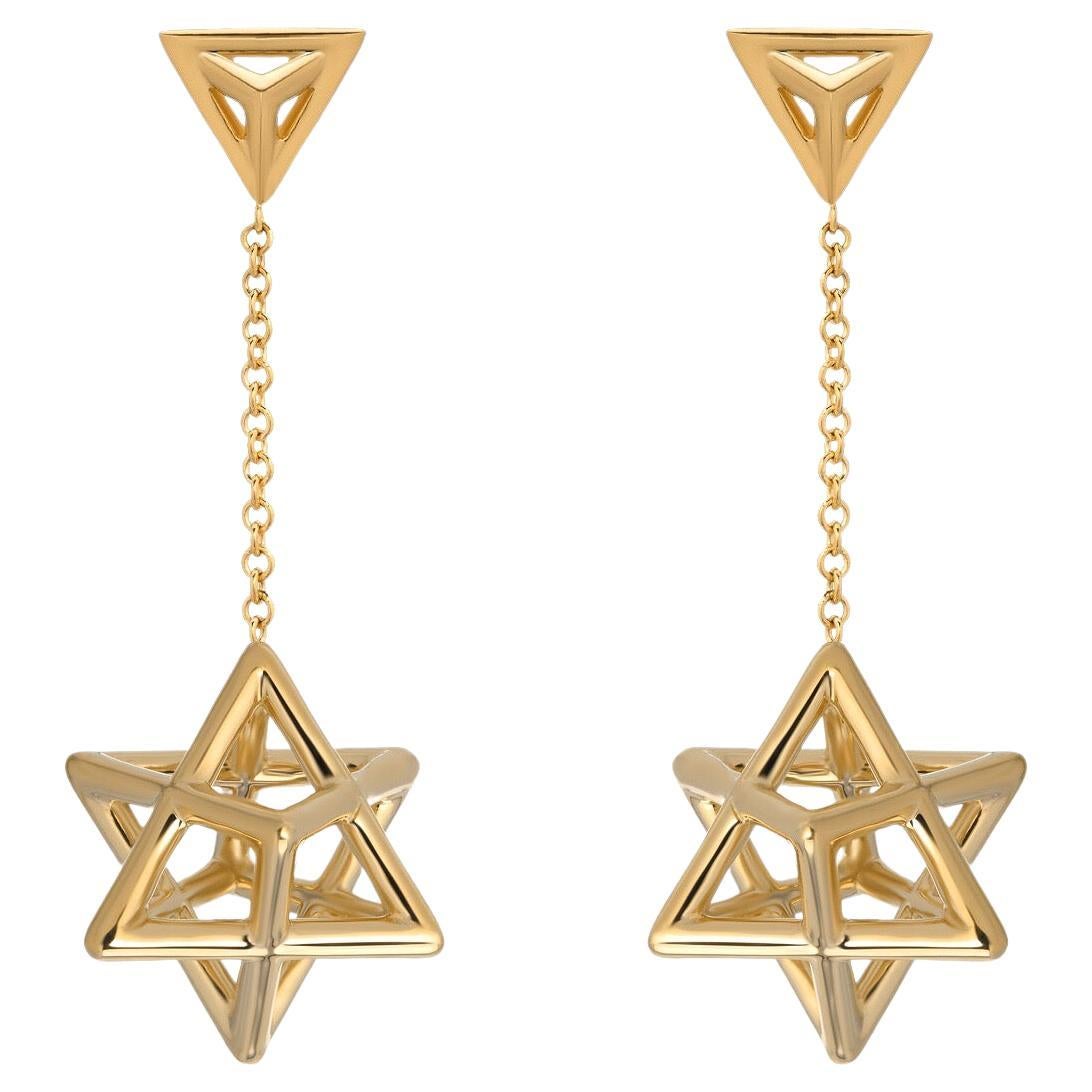 Merkaba Star Three Dimensional Yellow Gold Earrings  For Sale