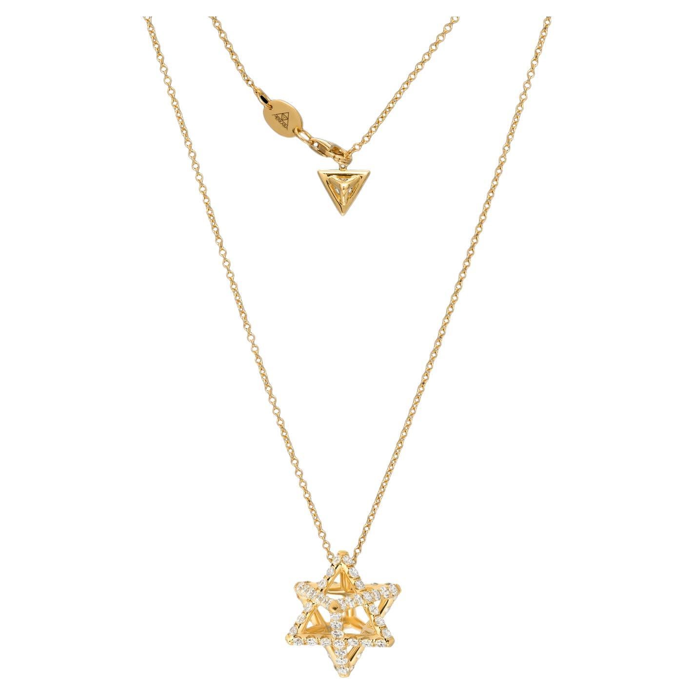 Round Cut Merkaba Star Yellow Gold Diamond Pendant Necklace For Sale