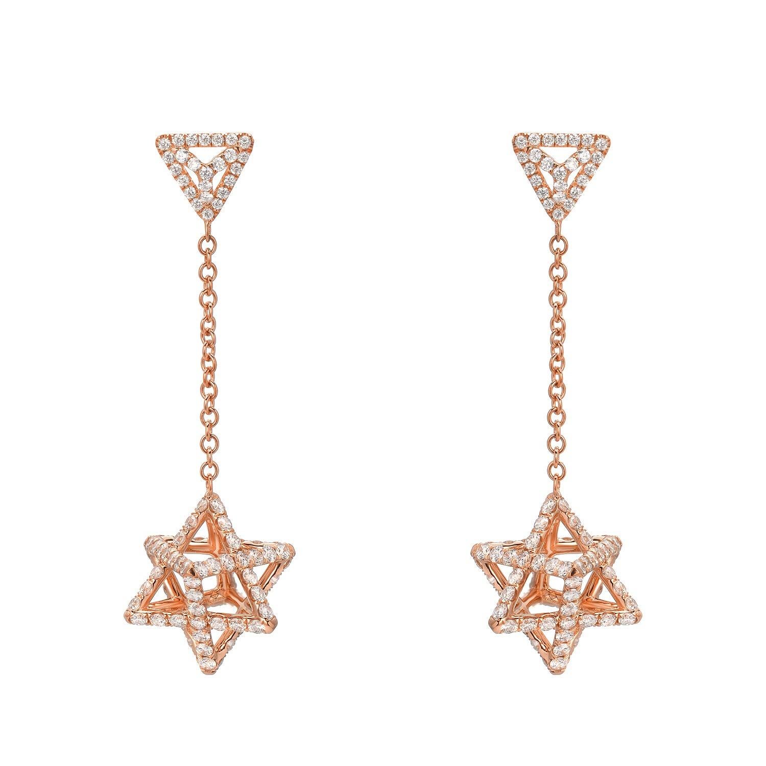 Round Cut Diamond Earrings 2.39 Carats Rose Gold Merkaba Stars For Sale