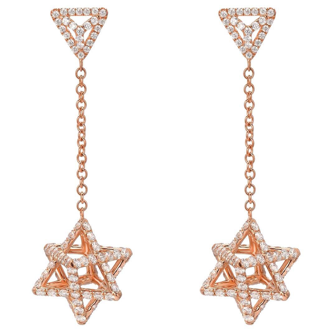 Diamond Earrings 2.39 Carats Rose Gold Merkaba Stars For Sale
