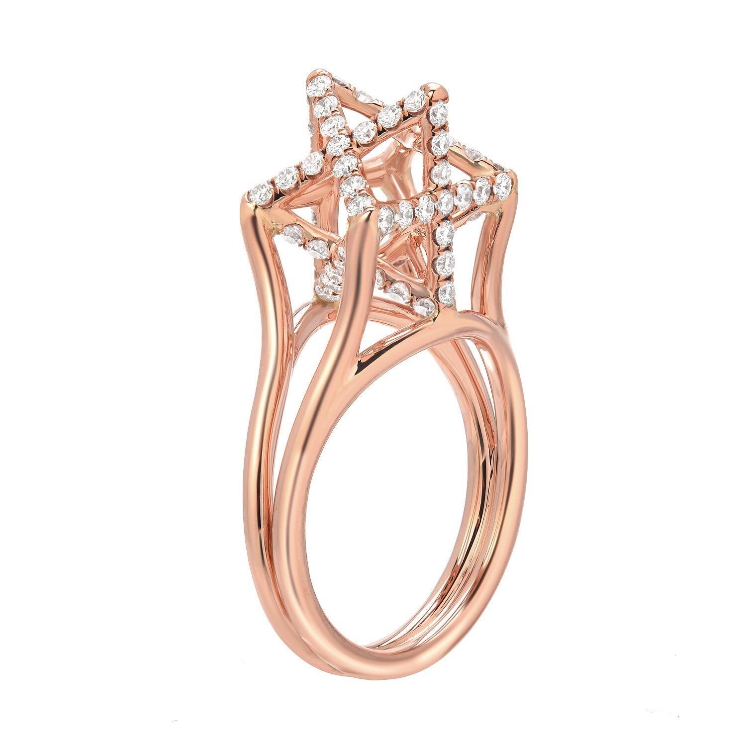 Rose gold diamond ring featuring a Merkaba three dimensional diamond star, totaling approximately 0.98 carats of F-G color and VVS2-VS1 clarity. This diamond rose gold ring showcases a dramatic, sculptural design that extends upward from the hand
