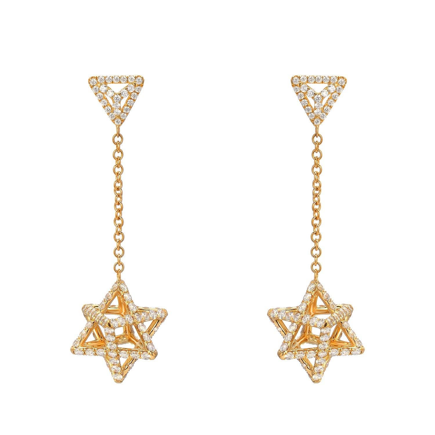 Taille ronde Boucles d'oreilles étoile Merkaba en or et diamants de 2,39 carats en vente