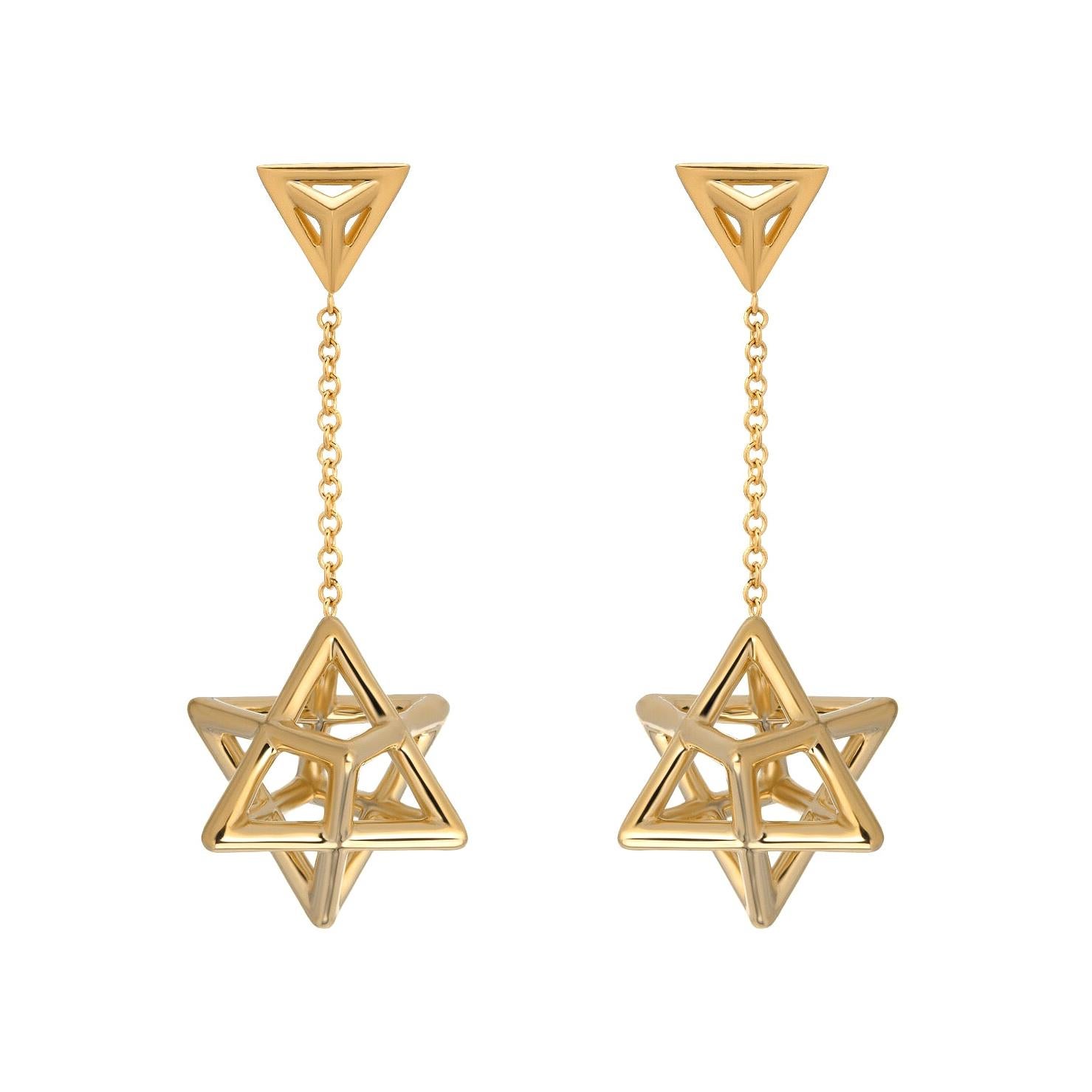 Yellow Gold Earrings Three Dimensional Merkaba Stars For Sale