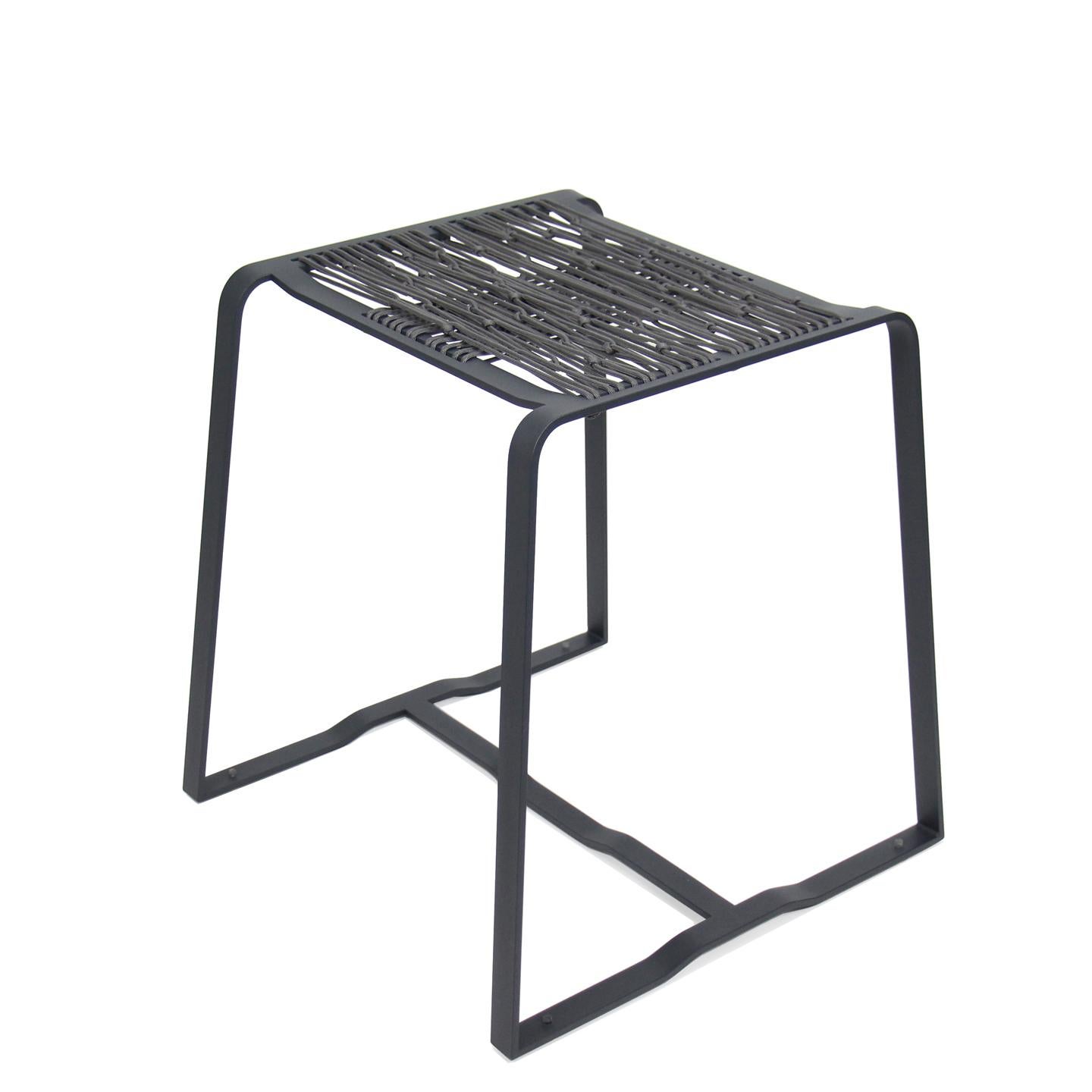 The Merkled Net stool uses the texture and strength of knotting in combination with a machined and welded steel frame to create a minimal, flexible, and comfortable seat. 

Size: W 18 3/8