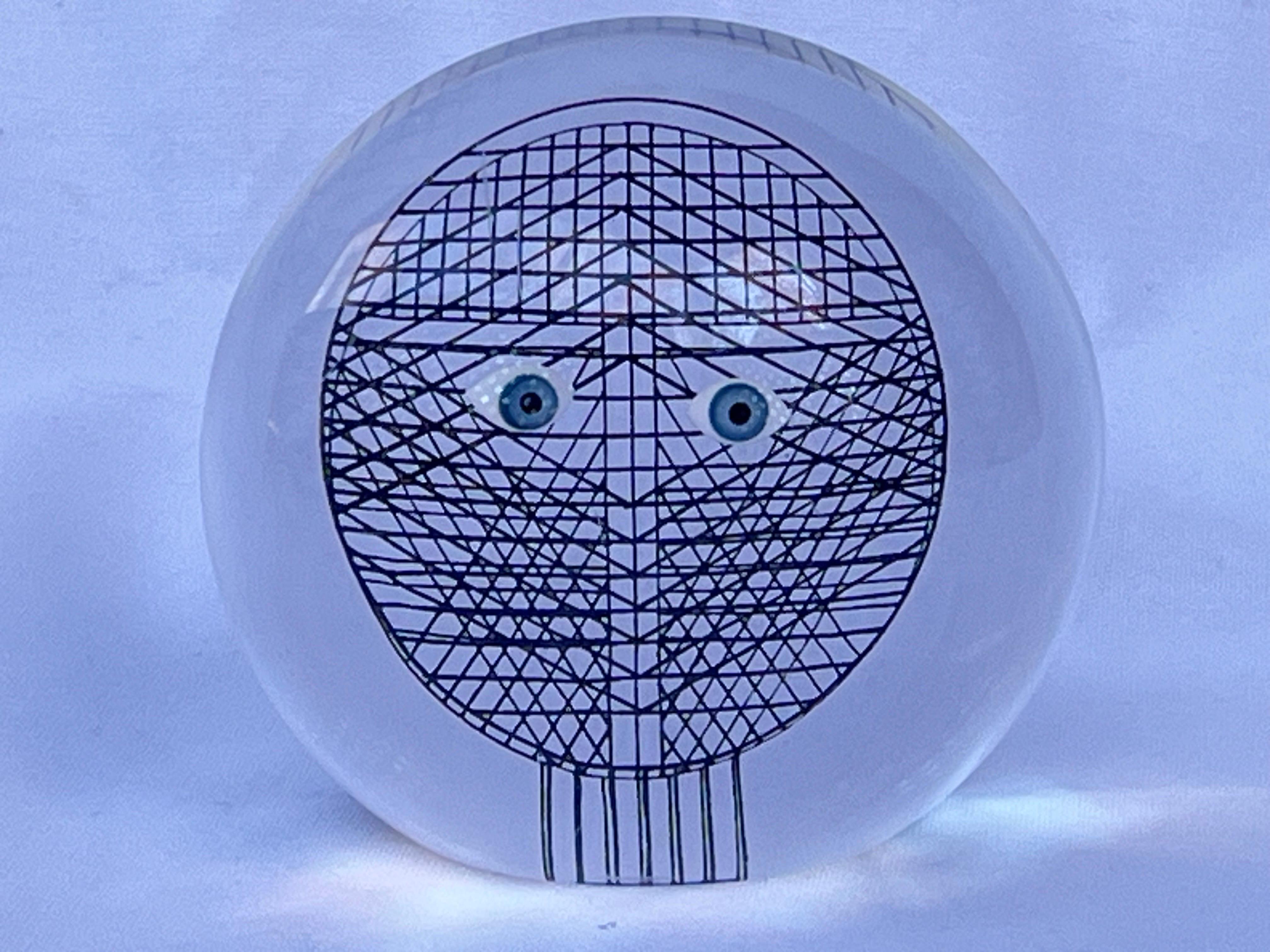 Mid-Century Modern Merle Edelman Op Art Acrylic Lucite Face Eyes Grid Paperweight Desk Accessory
