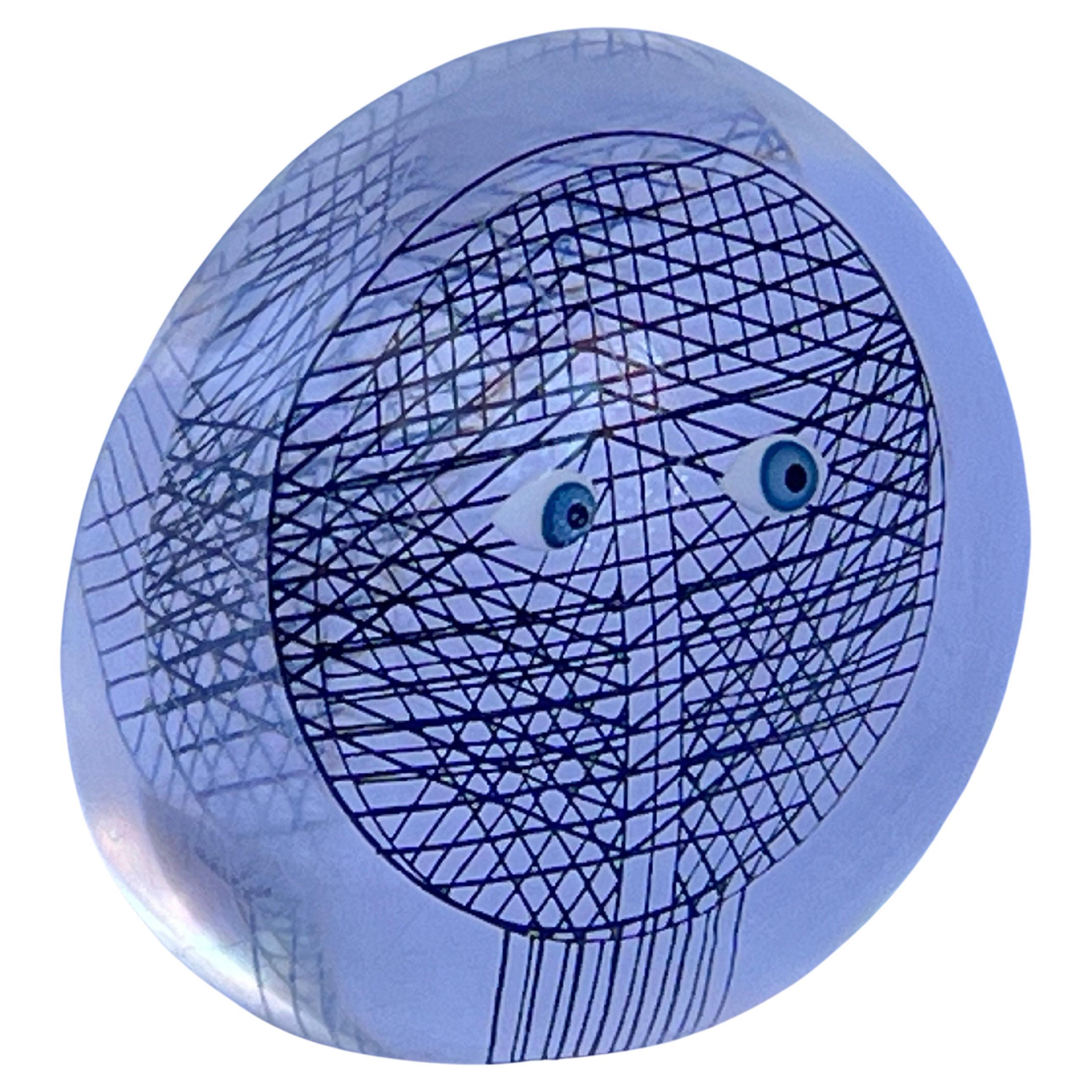Merle Edelman Op Art Acrylic Lucite Face Eyes Grid Paperweight Desk Accessory