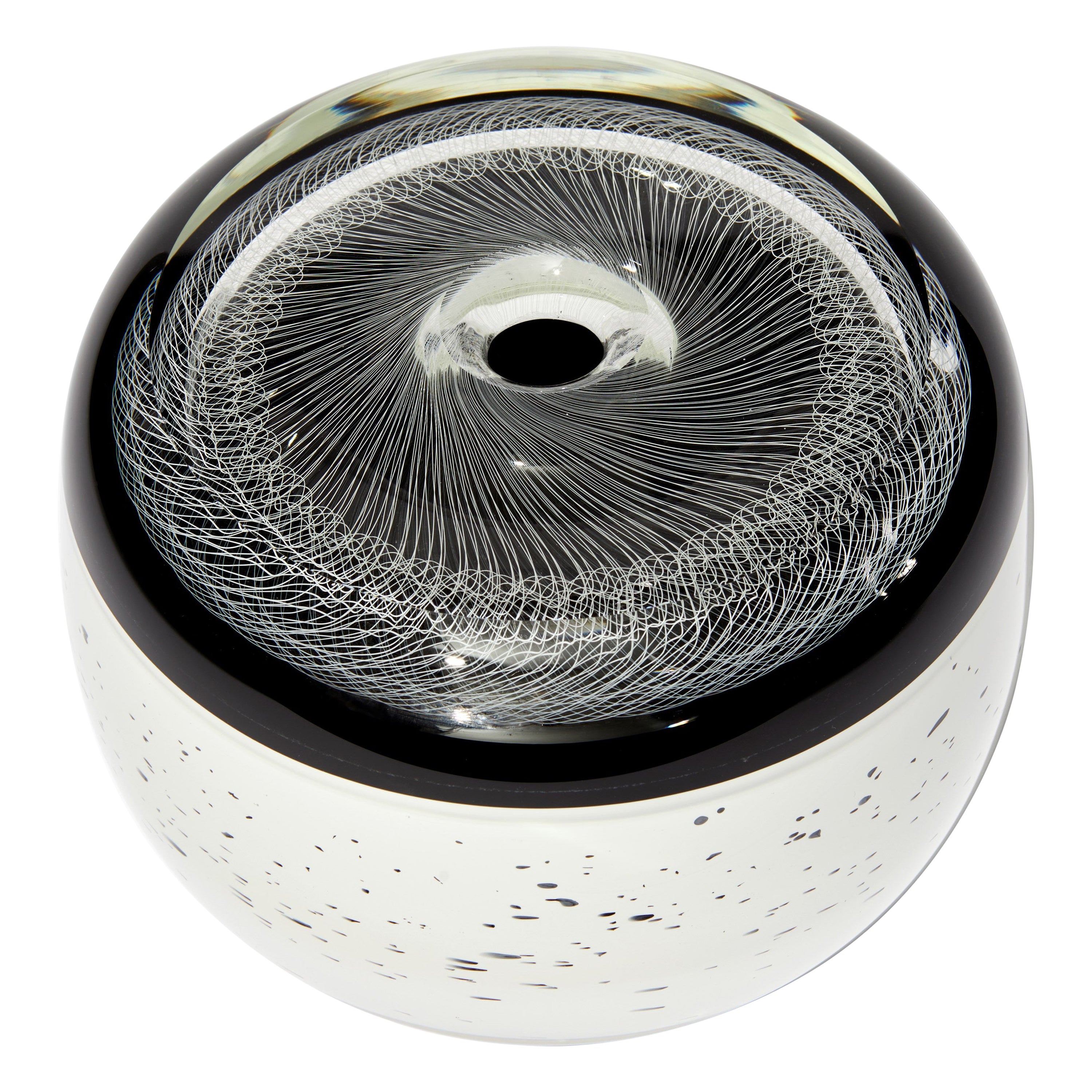 Merletto, a black & white glass sculpture with spiral pattern by Peter Bowles
