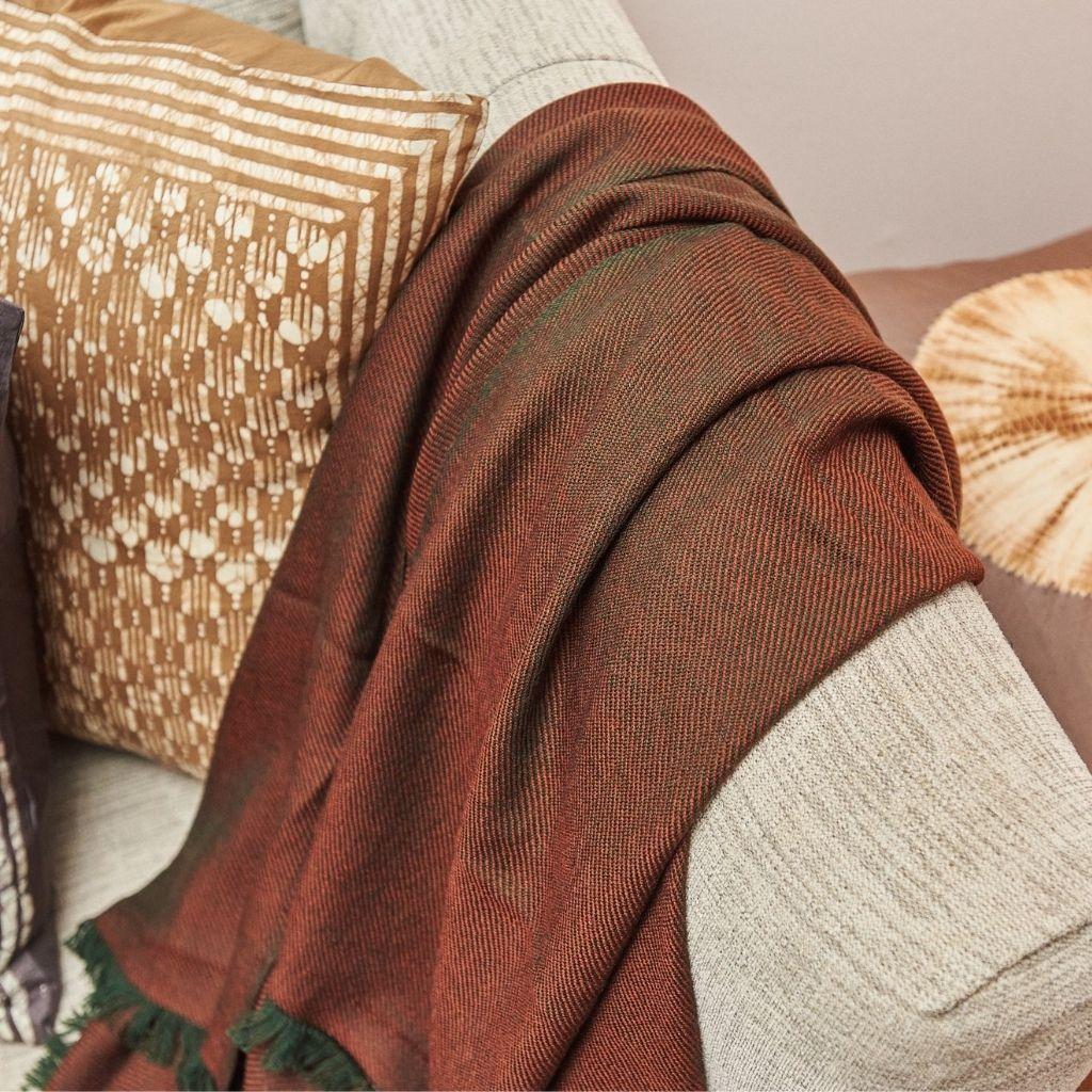 Merlot Merino Handloom Throw / Blanket in Deep Maroon Red and Olive Shades For Sale 4