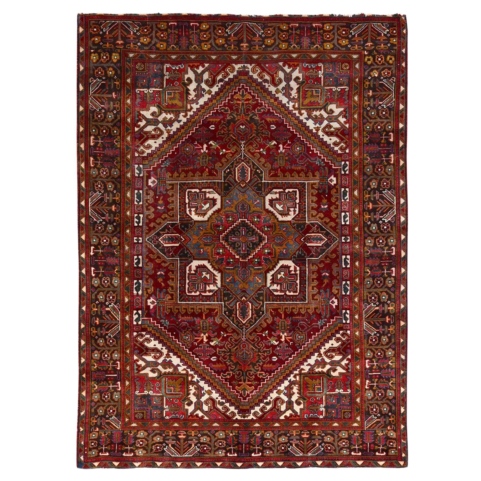 Merlot Red Rustic Look Evenly Worn Wool Hand Knotted Vintage Persian Heriz Rug