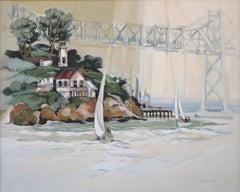Sail Boats and Calm Water, American Impressionist Oil on Canvas, 1980s