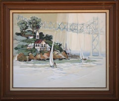 Sail Boats and Calm Water, American Impressionist Oil on Canvas, 1980s