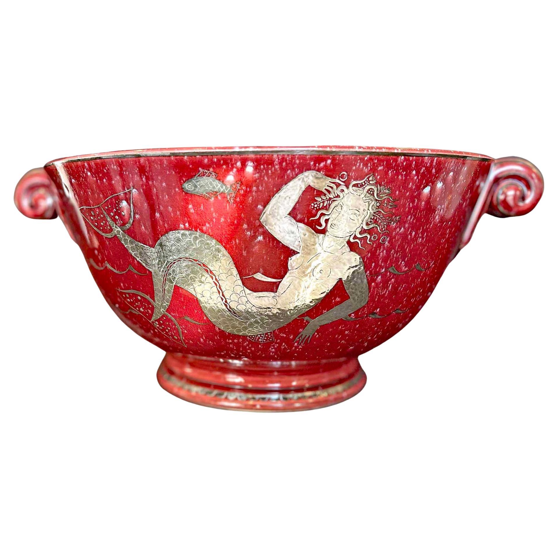 "Mermaid and Starfish", Rare and Striking Art Deco Bowl in Rare Red & Silver For Sale