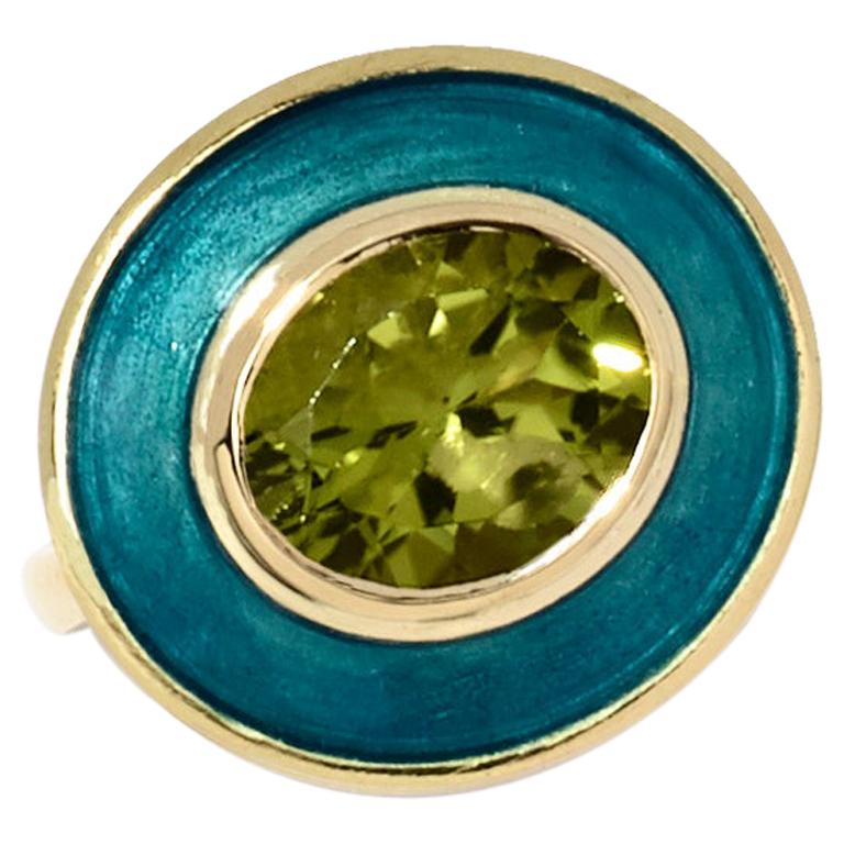 Mermaid Aurora Ring with Peridot and Vitreous Hot Enamel Set in 18 Karat Gold For Sale