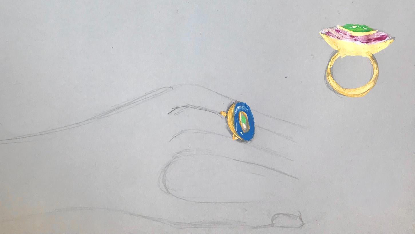 Aurora Meerjungfrau Aurora Ring mit Peridot und lebendiger heißer Emaille in 18 Karat Gold (Brillantschliff) im Angebot