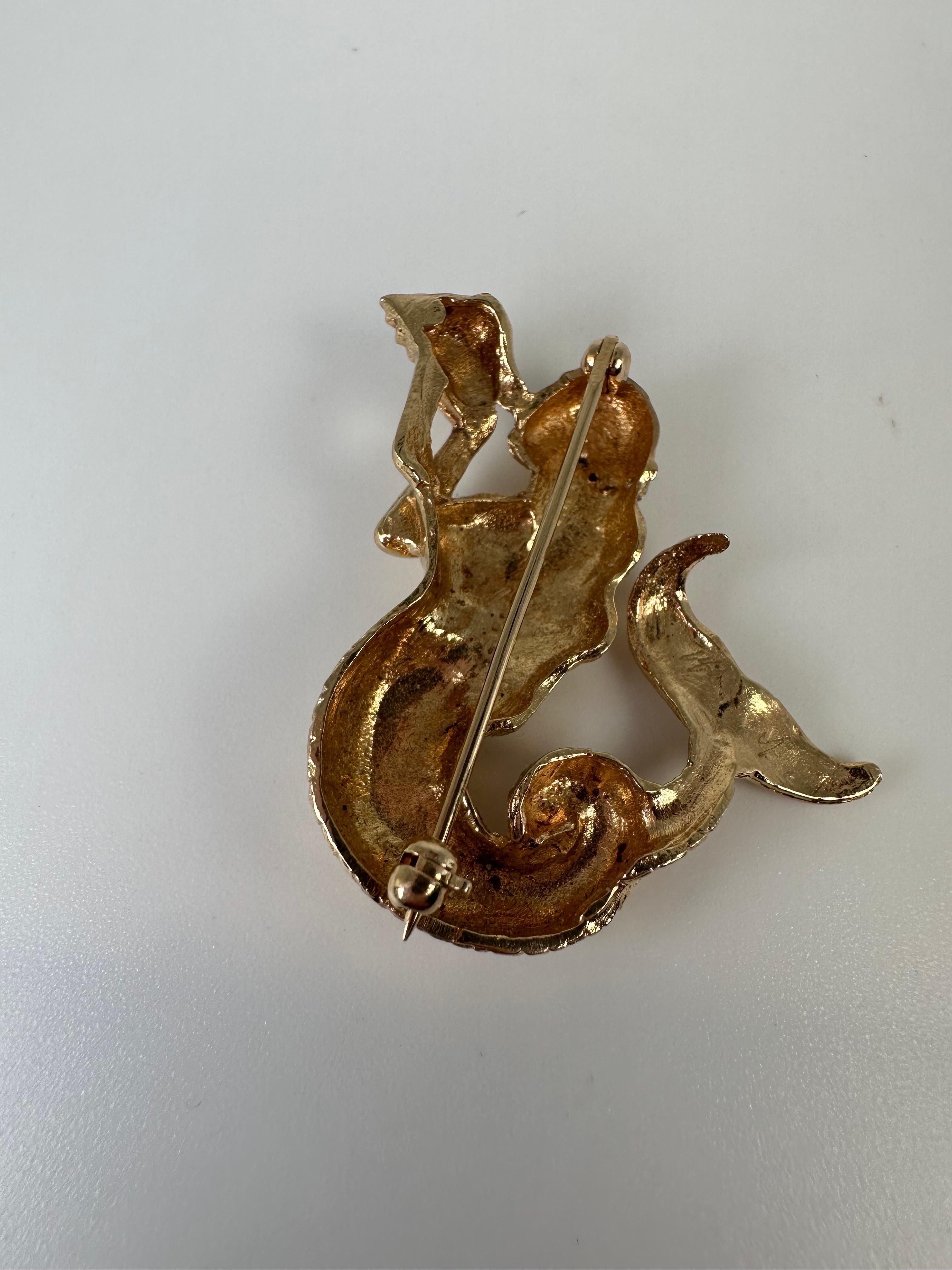 Mermaid brooch rare hand finished 14KT gold diamond brooch  For Sale 1