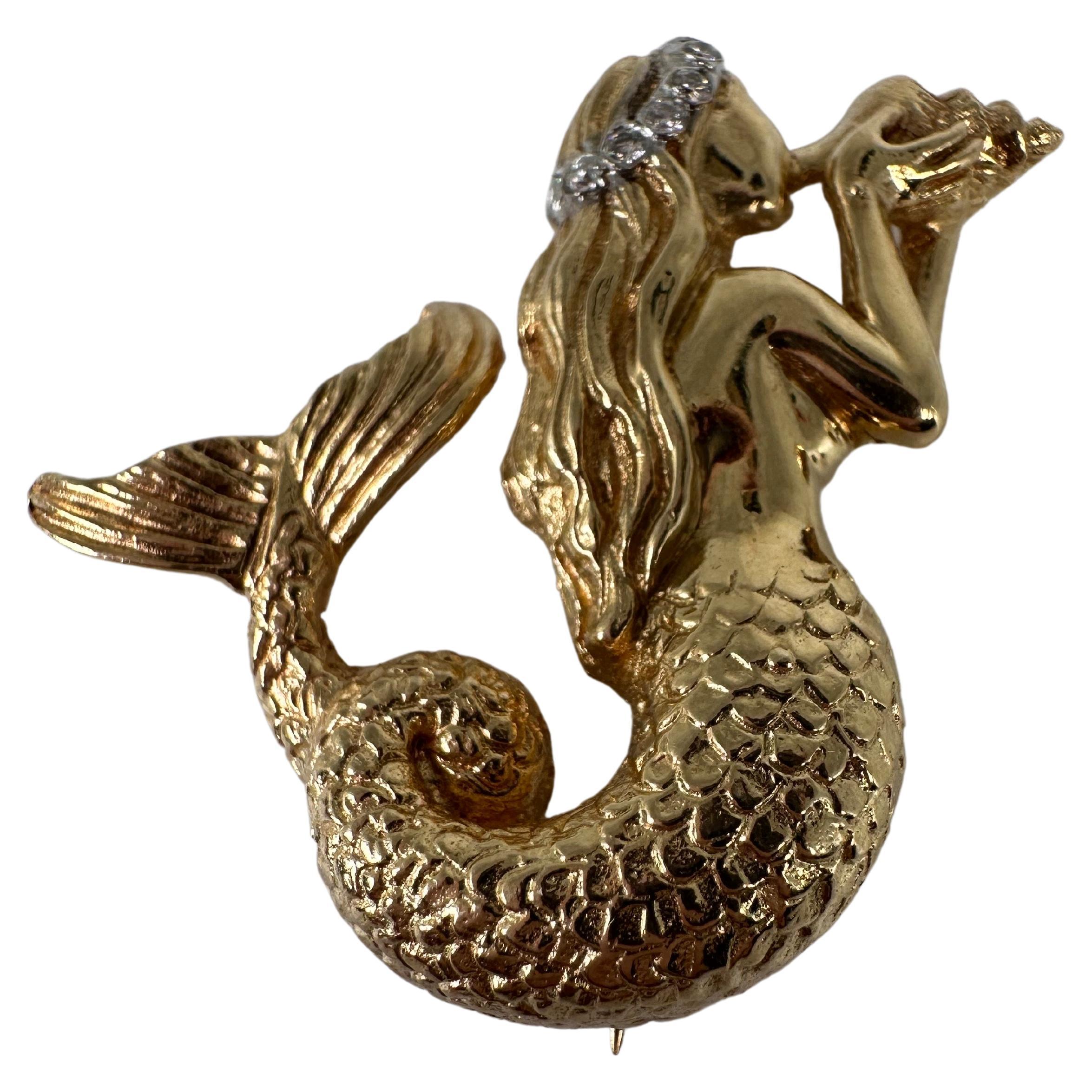 Mermaid brooch rare hand finished 14KT gold diamond brooch  For Sale
