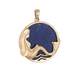 Mermaid Charm Lapis Lazuli Pendant Estate 14k Yellow Gold Mythical Jewelry
