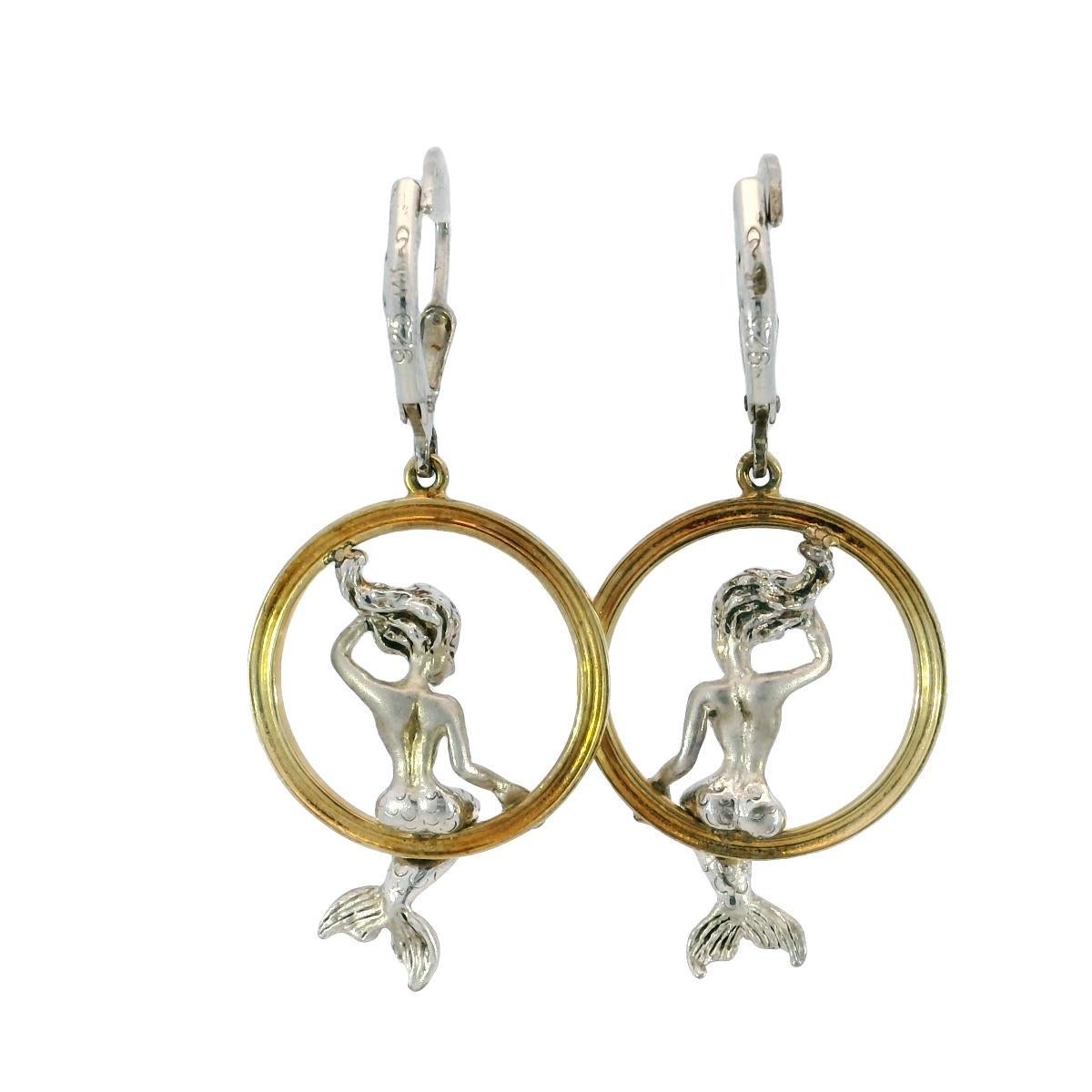 Women's Mermaid Drop Earrings 14K and Silver Yellow Gold Art Nouveau Style For Sale