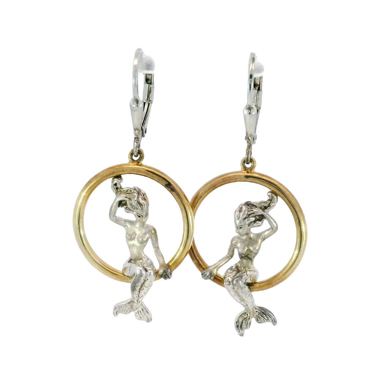 Mermaid Drop Earrings 14K and Silver Yellow Gold Art Nouveau Style For Sale 2