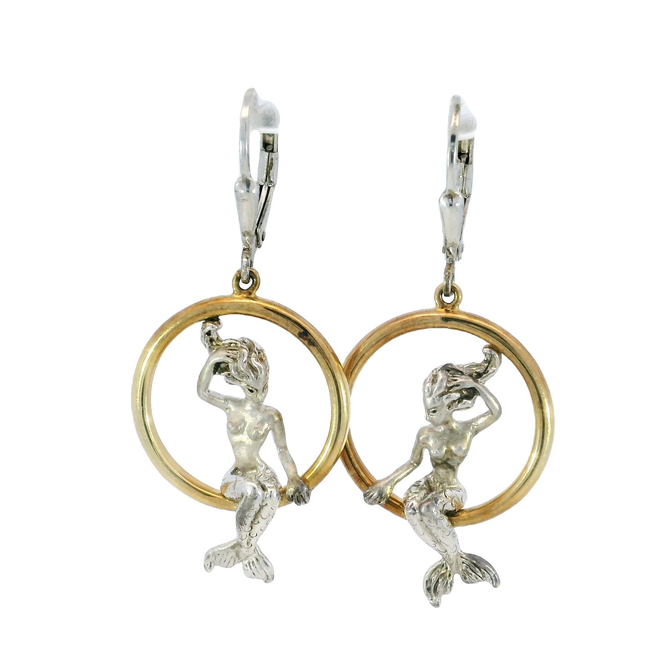 Mermaid Drop Earrings 14K and Silver Yellow Gold Art Nouveau Style For Sale 3