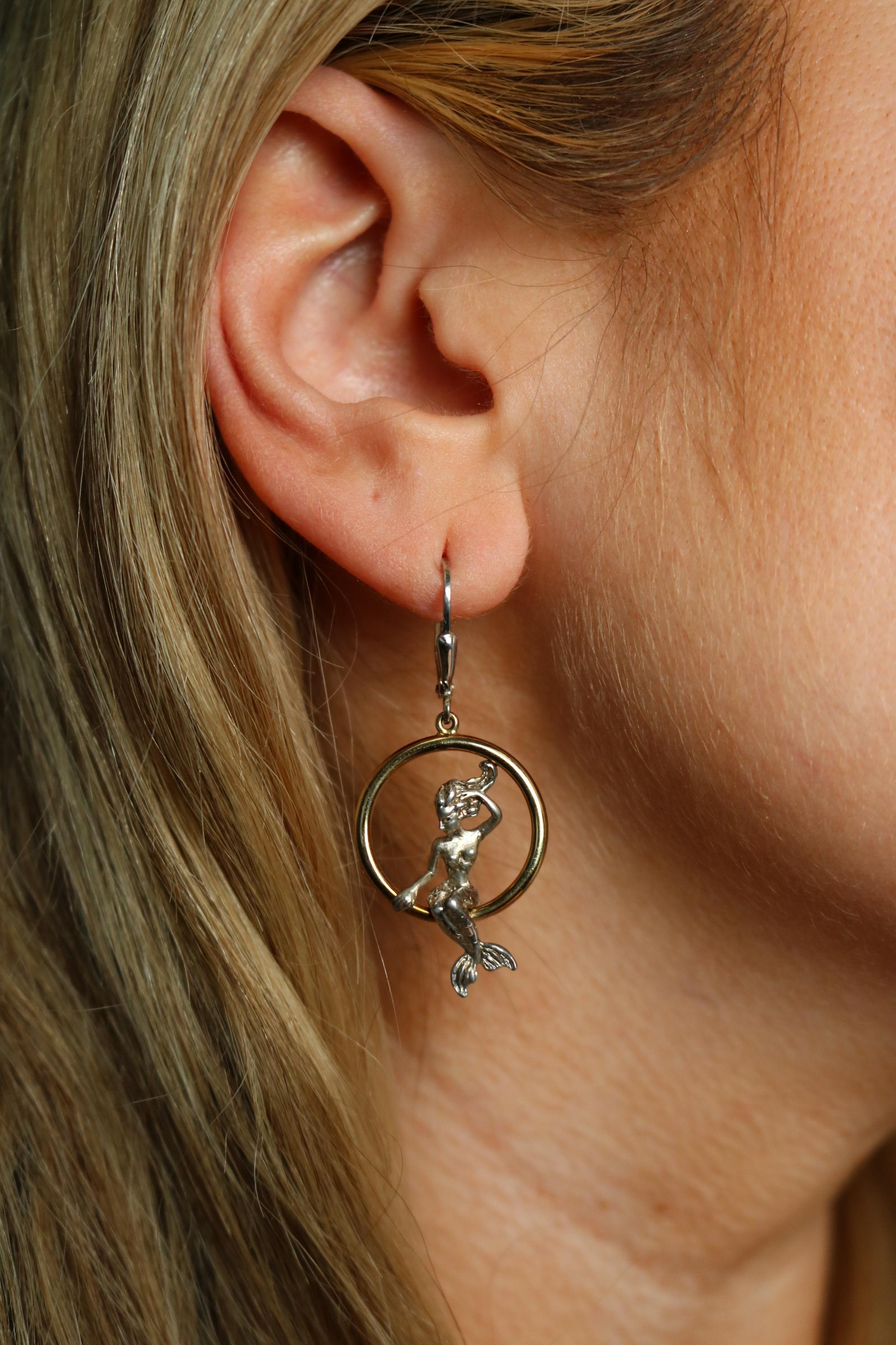 Mermaid Drop Earrings 14K and Silver Yellow Gold Art Nouveau Style For Sale 4
