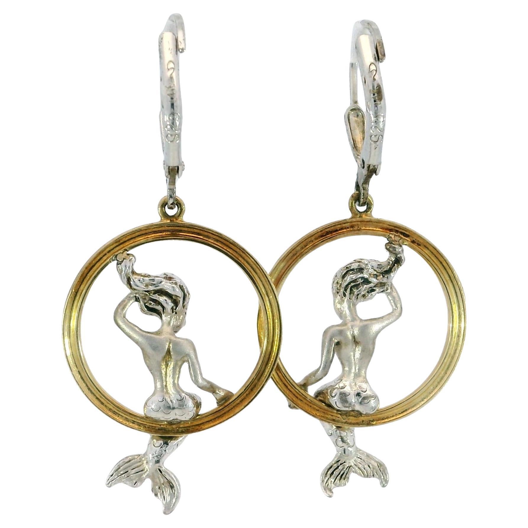 Mermaid Drop Earrings 14K and Silver Yellow Gold Art Nouveau Style For Sale