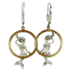 Mermaid Drop Earrings 14K and Silver Yellow Gold Art Nouveau Style