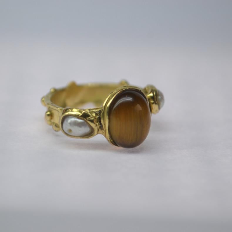 For Sale:  Mermaid Eye of Tiger Ring in 18k Gold with River Pearls 2