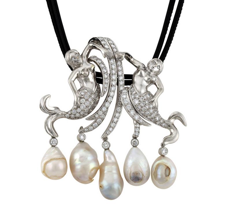 Contemporary Mermaid Guardians of the Ming Dynasty Pearls Pendant by John Landrum Bryant For Sale