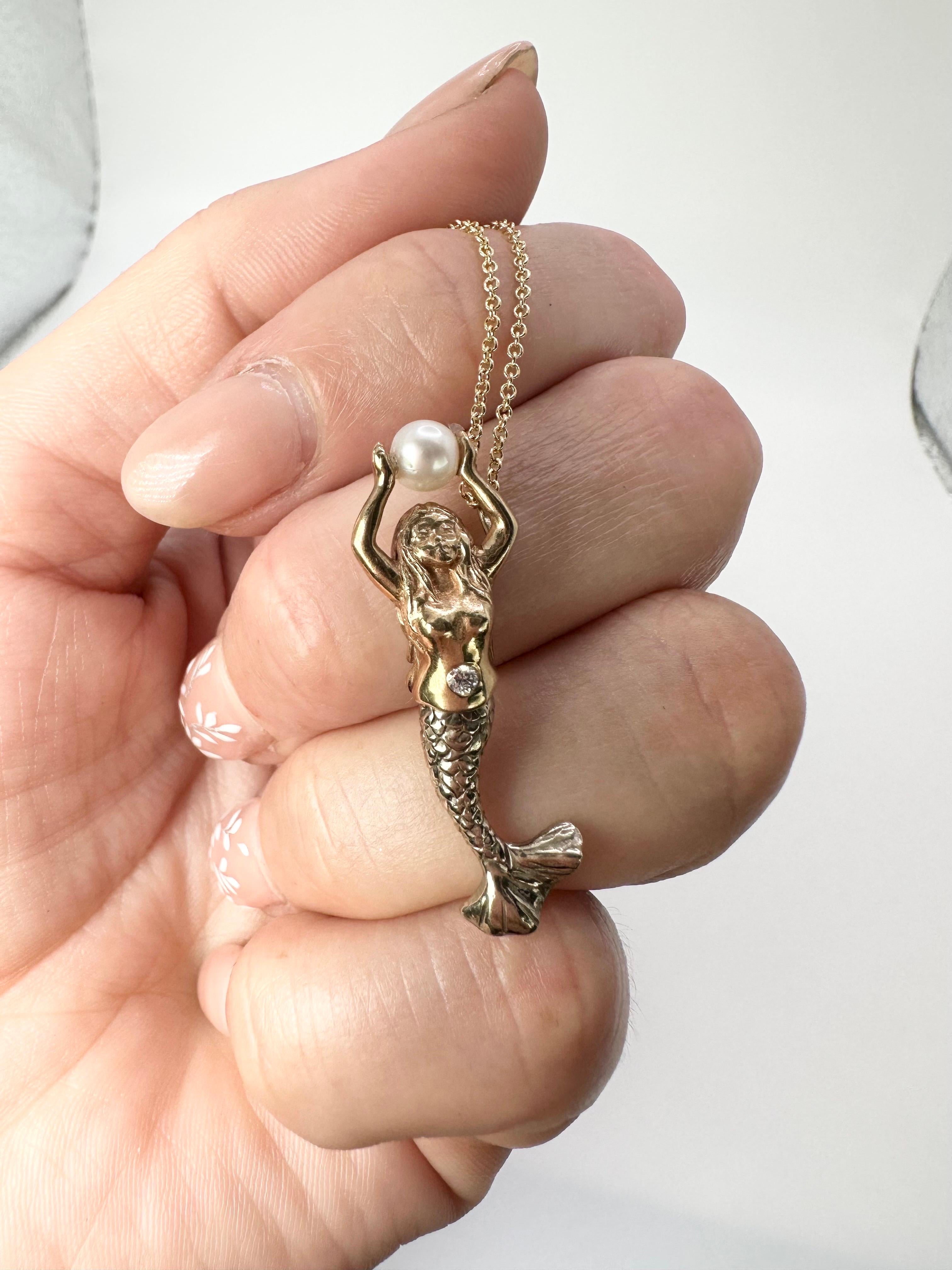 Women's or Men's Mermaid Pearl Pendant Necklace Unique Hand Engraved Pendant 14kt Yellow Gold For Sale